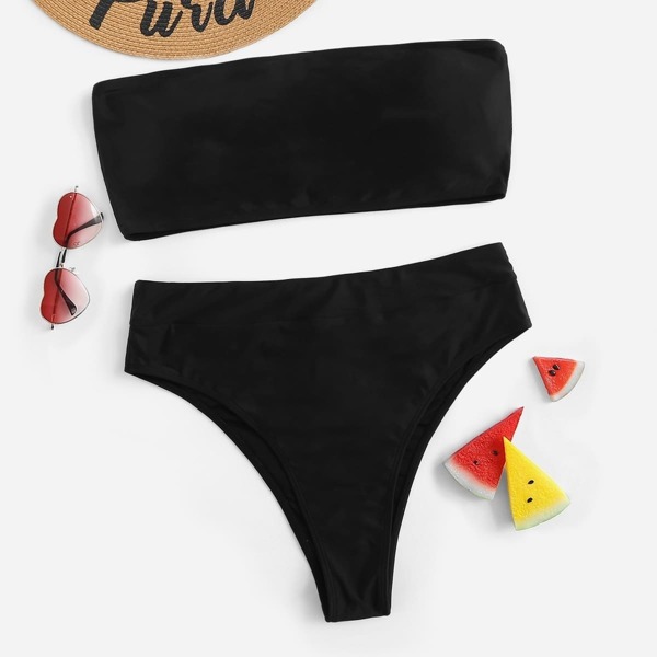 

Plus Bandeau With High Leg Bikini Set, Black