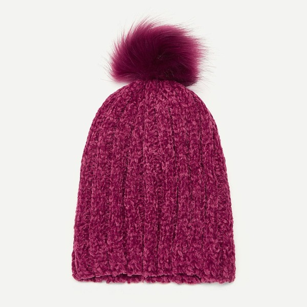 

Girls Faux Pom-pom Decor Chenille Beanie