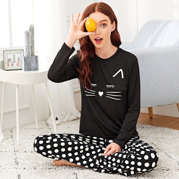 

Cat Print Top & Polka Dot Pants PJ Set, Black and white