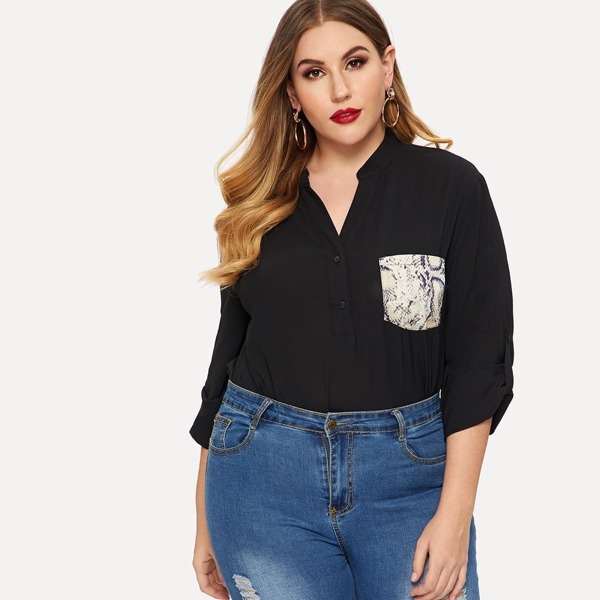 

Plus Snake Skin Print Pocket Panel Chiffon Blouse