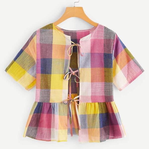 

Plus Plaid Knot Front Blouse