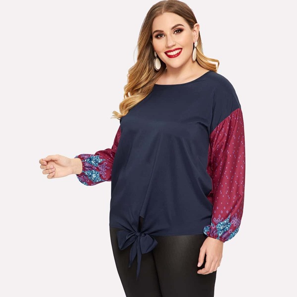 

Plus Contrast Panel Knot Hem Blouse