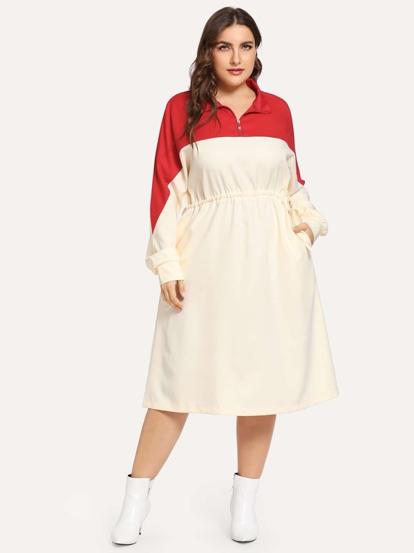 

Plus Contrast Panel Drawstring Waist Sweatshirt Dress, Beige, Franziska