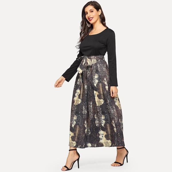 

Snake Skin Print Waist Tie Longline Dress, Black