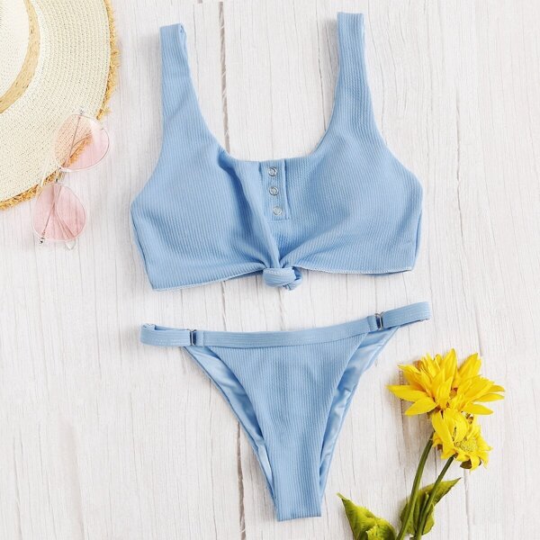 

Metal Ring Front Knot Top With Ribbed Bikini Set