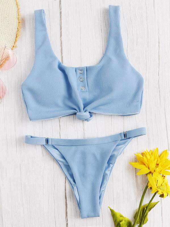 

Metal Ring Front Knot Top With Ribbed Bikini Set, Blue