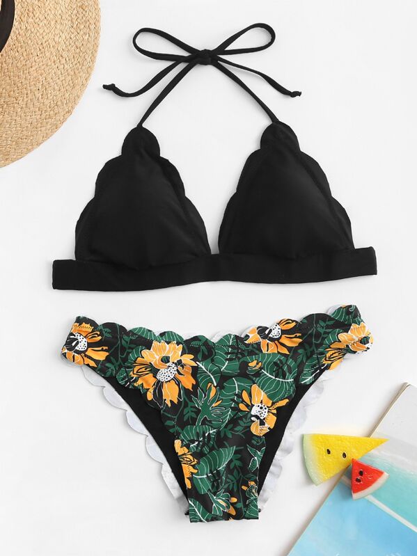 

Scalloped Trim Halter Top With Random Tropical Bikini, Multicolor