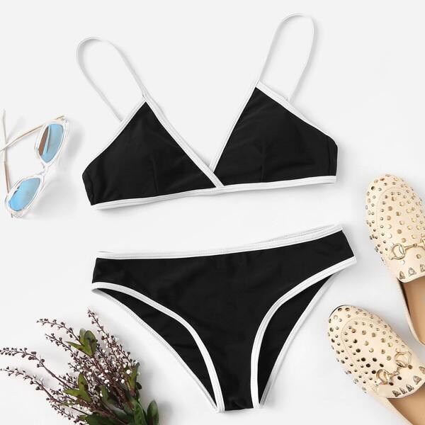 

Contrast Piping V-plunge Bikini Set