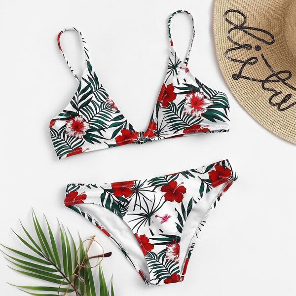 

Random Leaf & Flower Print Low Rise Bikini, Multicolor