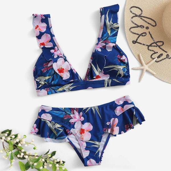 

Random Leaf & Flower Print Ruffle Bikini Set, Blue