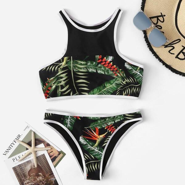 

Random Palm Print Contrast Piping High Neck Bikini