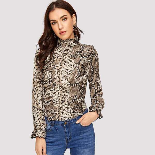 

Ruffle Detail Mock-neck Snakeskin Print Top, Multicolor