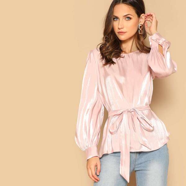 

Waist Belted Bishop Sleeve Stain Top