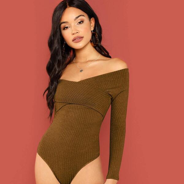 

Cross Wrap Off Shoulder Rib-knit Bodysuit