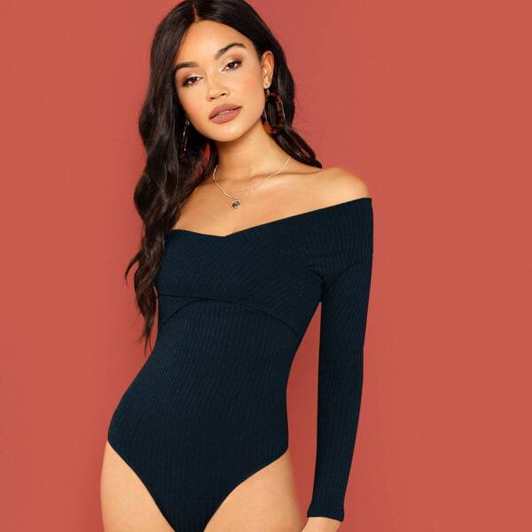 

Cross Wrap Off Shoulder Rib-knit Bodysuit