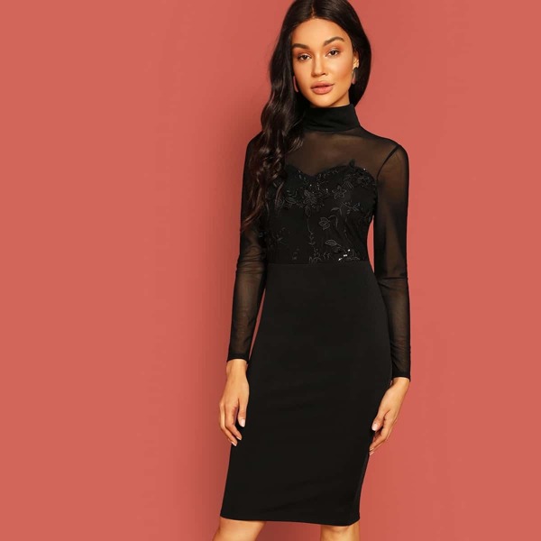 

Floral Applique Mesh Sweetheart Bodice Pencil Dress