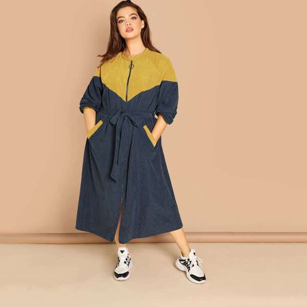 

Plus Raglan Sleeve Tie Waist Two Tone Coat
