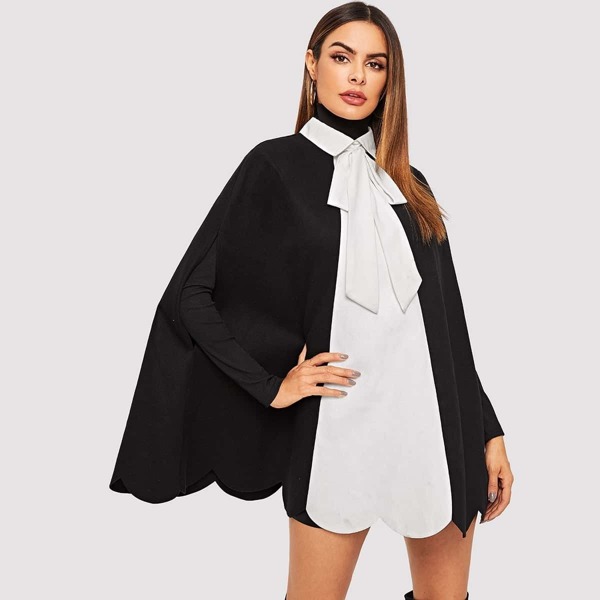 

Color-block Scallop Hem Tie Neck Cape Coat, Black and white