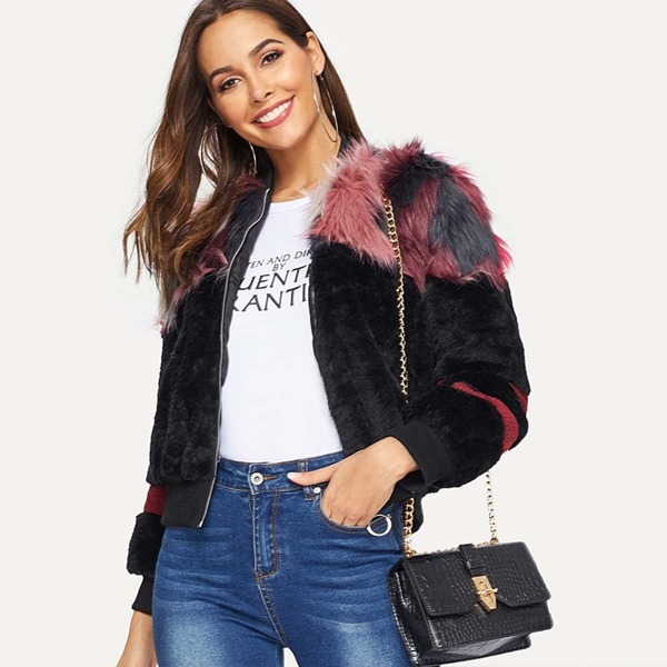 

O-Ring Zip Up Faux Fur Color Block Coat