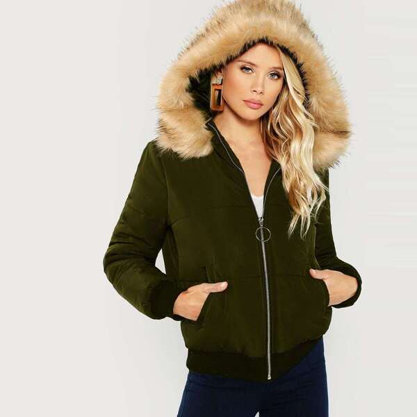 

O-Ring Zip Up Faux Fur Contrast Hooded Puffer Coat, Green