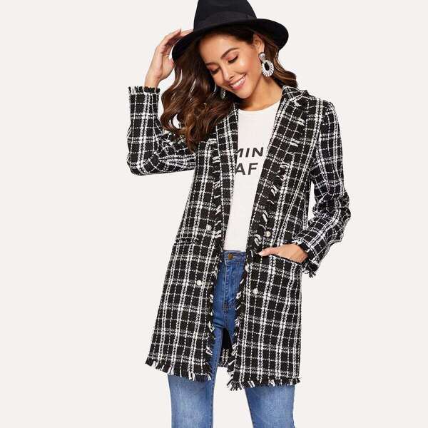 

Notch Collar Frayed Edge Plaid Longline Tweed Coat