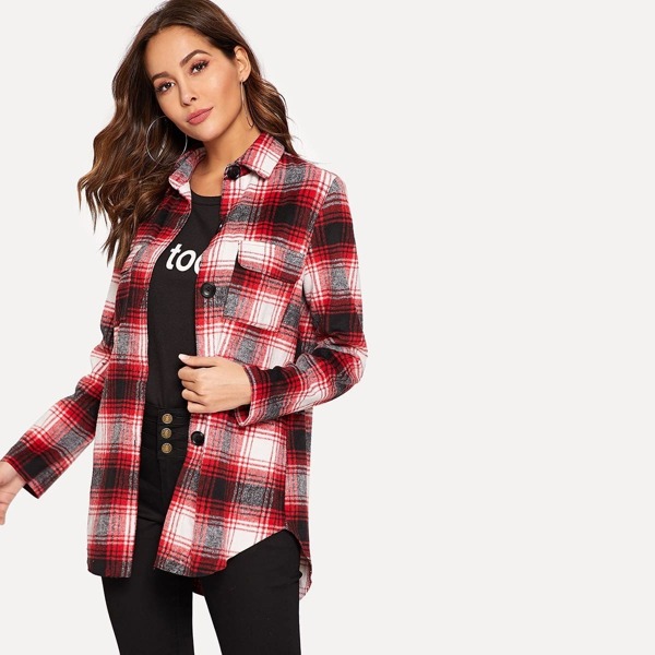 

Single Breasted Flap Pocket Plaid Coat