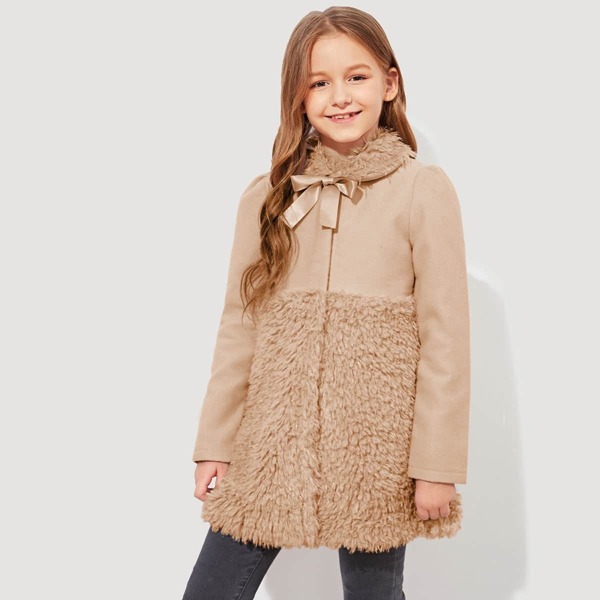 

Girls Bow Detail Teddy Panel Coat