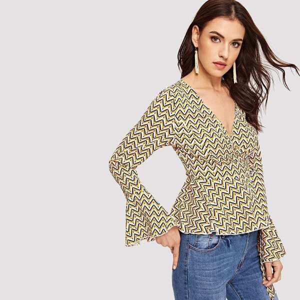

Wrap Belted Flounce Sleeve Wrap Peplum Top