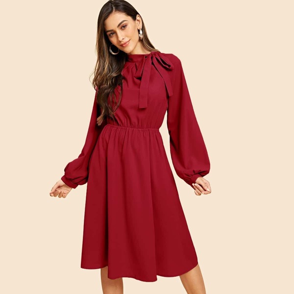 Tie Neck Lantern Sleeve Solid Dress, Burgundy