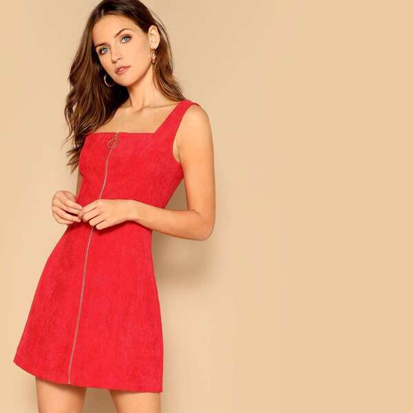 

O-ring Zip Up Corduroy Trapeze Dress