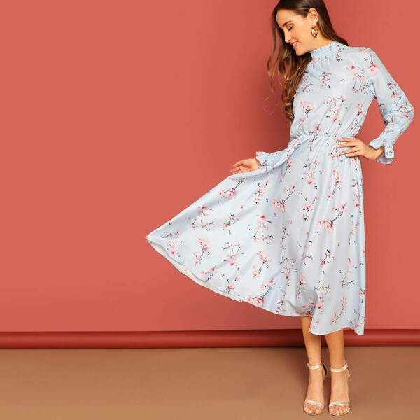 

Shirred High Neck & Sleeve Midi Floral Dress