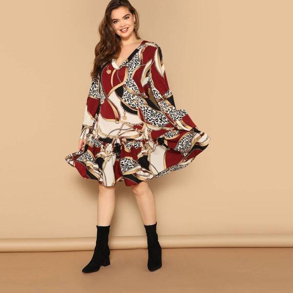 

Plus V-neck Scarf Print Ruffle Hem Dress