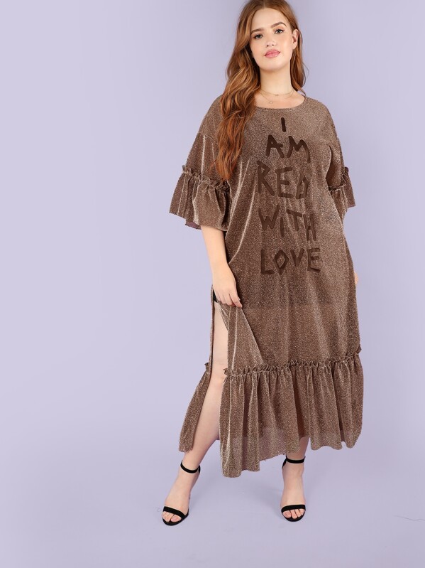 

Plus Slogan Print High Slit Ruffle Glitter Dress, Brown, Bree Kish