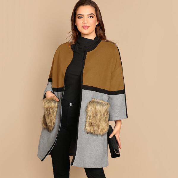 

Plus Contrast Faux Fur Pocket Color Block Coat