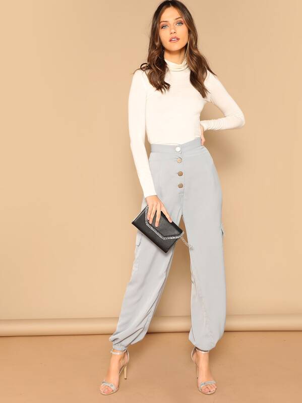 

Single Breasted Pocket Tapered Pants, Grey, Zorana