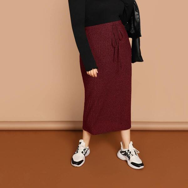 

Plus Drawstring Waist Rib-knit Pencil Skirt