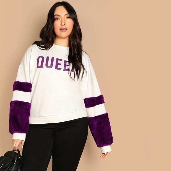 

Plus Letter Print Contrast Faux Fur Pullover