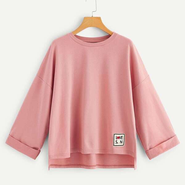 

Patch Detail Cuffed Sleeve Dip Hem Boxy Pullover