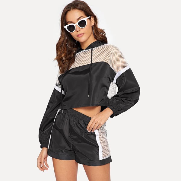 

Fishnet Insert Drawstring Hoodie & Shorts Set