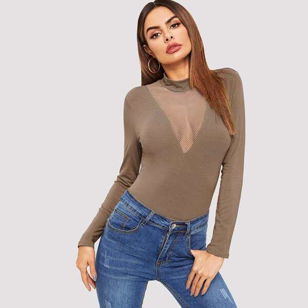 

Fishnet Insert Mock-neck Tee