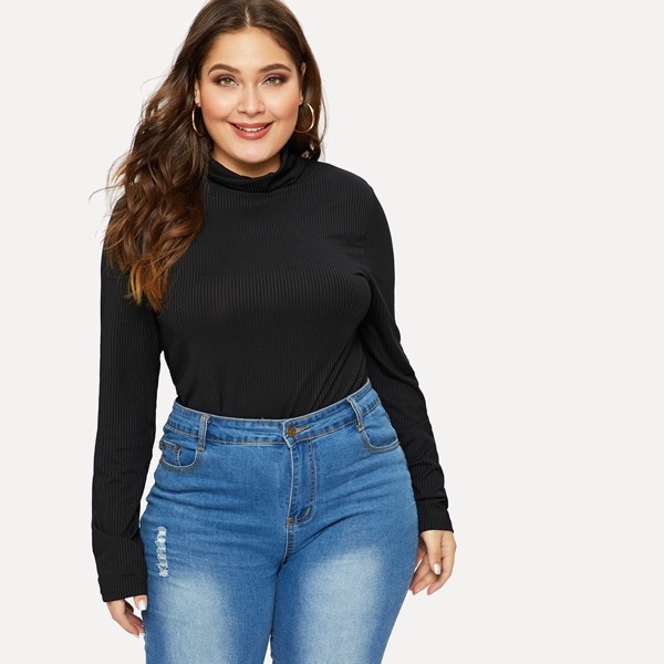 

Plus Roll Neck Ribbed Knit Tee