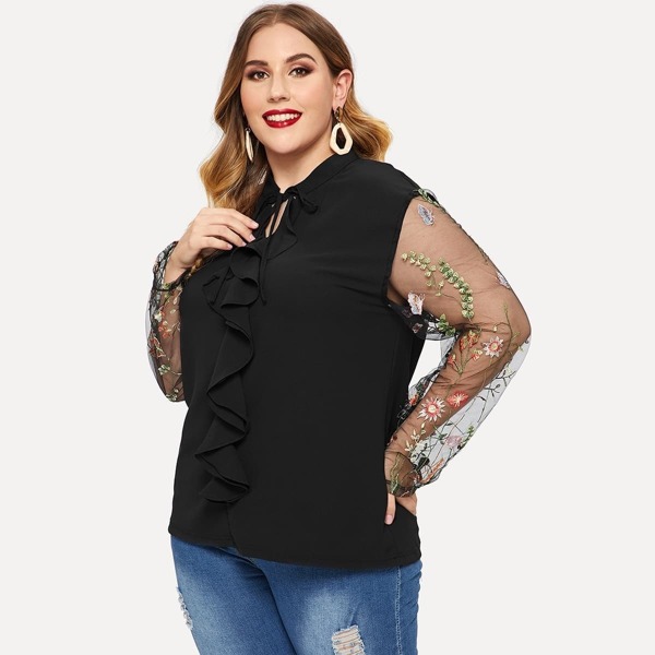 

Plus Tie Neck Embroidered Mesh Sleeve Ruffle Top
