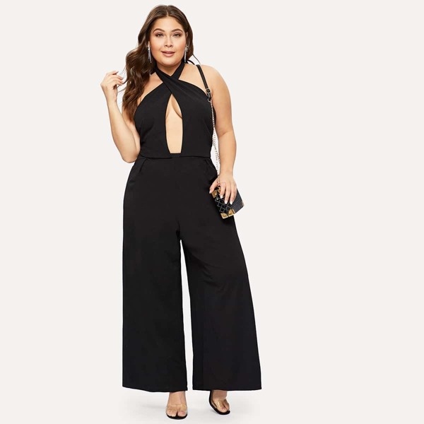 

Plus Cross Wrap Open Back Wide Leg Halter Jumpsuit, Black