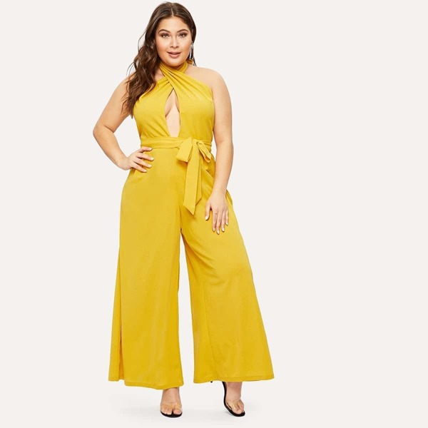 

Plus Cross Wrap Open Back Wide Leg Halter Jumpsuit, Yellow