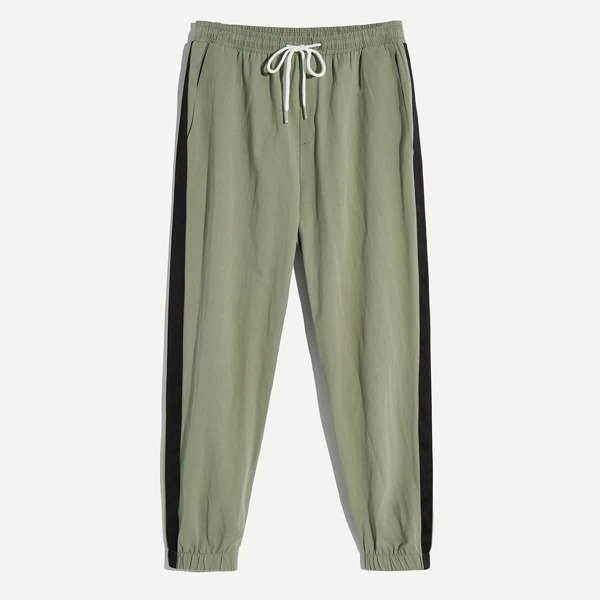 

Men Contrast Panel Elastic Hem Drawstring Pants, Army green