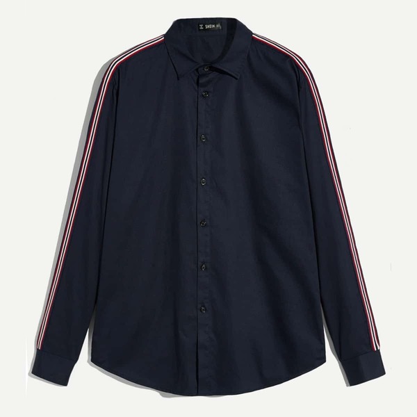 

Men Stripe Sleeve Buttoned Curved Hem Shirt