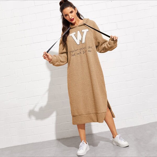 

Letter Embroidered Split Teddy Hooded Sweatshirt Dress