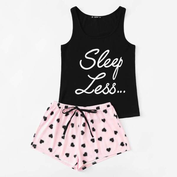 

Plus Slogan Graphic Shell Top & Heart Shorts PJ Set, Multicolor