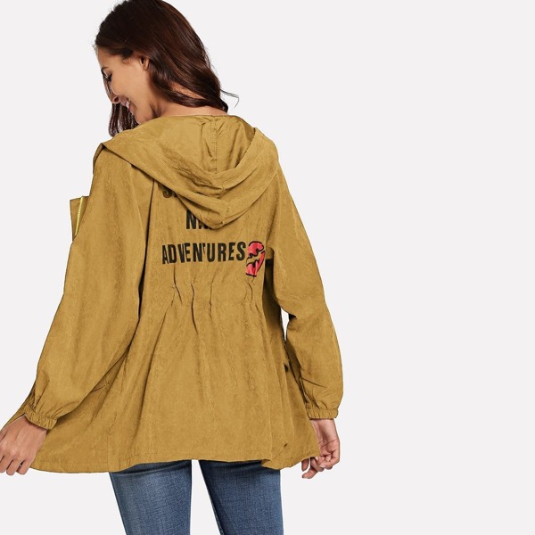 

Letter Print Bishop Sleeve Zip-up Hooded Outerwear