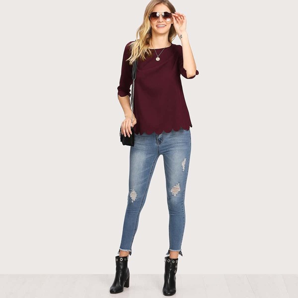 

Buttoned Overlap Back Scalloped Tunic Top